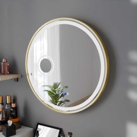 Miroir lumineux rond contour doré ORANA 80 cm - antibuée, horloge et loupe