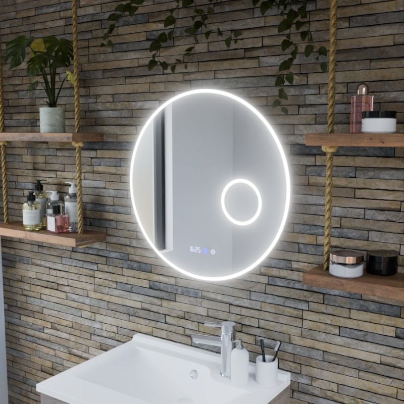 Cuisibane - Miroir lumineux rond rondi plus 60 cm - antibuée, horloge et loupe