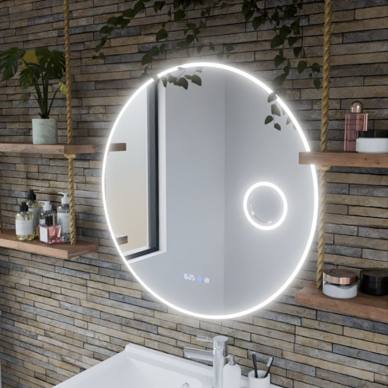 Cuisibane - Miroir lumineux rond rondi plus 80 cm - antibuée, horloge et loupe