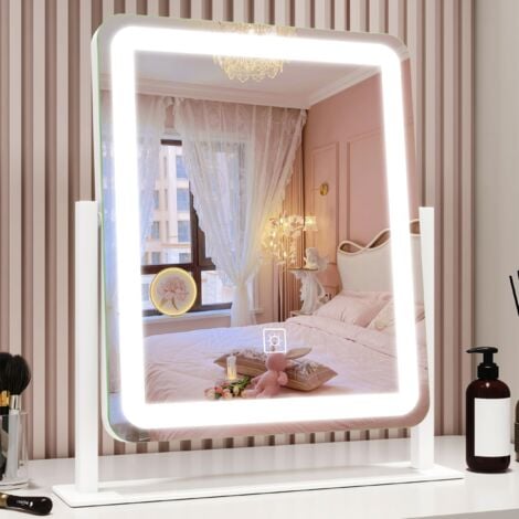 FREOSEN Miroir Maquillage 33x38cm Miroir LED Coiffeuse à intensité Variable 3 températures de Couleur Tactile Loupe 10X 360° Rotatif