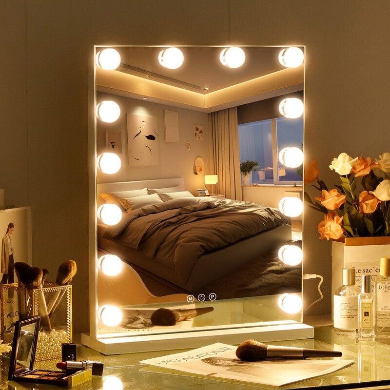 Miroir Maquillage avec 14 Ampoules led Miroir Coiffeuse Lumineux Grand mirroir maquilleur Lumineux avec 3 Modes déclairage Miroir Hollywood Coiffeuse