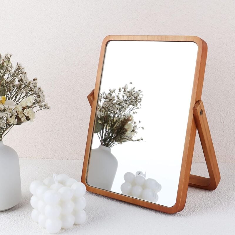 Miroir Maquillage Bois de Table, Petit Miroir Rond Rectangulaire Cosmétique avec Support Réglable