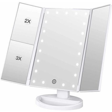 Miroir Maquillage Cosmétique 21 LED Éclairées Miroir Lumière Triple de Pliable Grossissement 1X/2X/3X Miroirs LED 180°Ajustable Avec Bouton tactile Batterie câble USB Cadeau de fête des mères