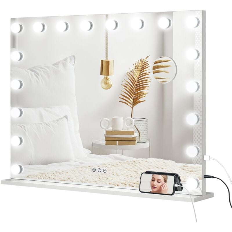 Miroir maquillage Hollywood lumineux led intensité réglable grossissant charge usb support blanc