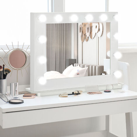 Miroir maquillage Hollywood lumineux LED tactile - 12 LED, luminosité réglable, fonction mémoire - métal MDF blanc verre - Blanc