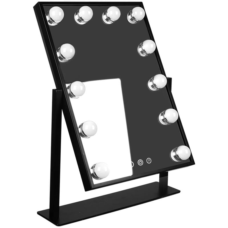 Miroir Maquillage Hollywood Grand Miroir de courtoisie éclairé avec 3 Couleurs de lumière et 12 Ampoules led à intensité Variable noir