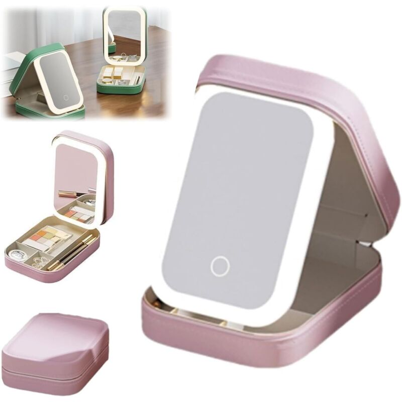 Miroir Maquillage LED Rechargeable, Tricolore, Ajustable, Rose, Voyage, Portable