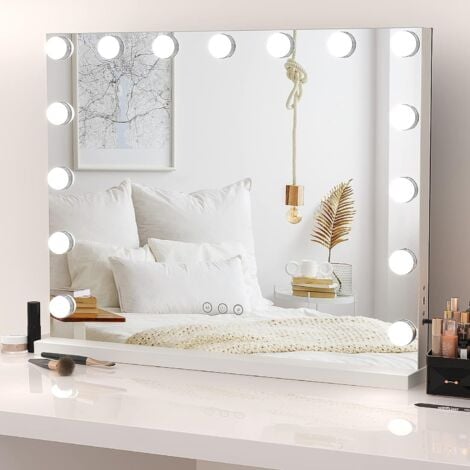 KEEPBUYING Miroir Maquillage Lumineux Hollywood 15 Ampoules,LED Miroir Coiffeuse Contrôle Tactile Luminosité Réglable sur Table et sur Mur 58x48cm - Blanc