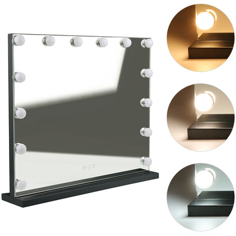 Miroir Maquillage Lumineux, Miroir LED 14 Lumières, Ampoules LED à intensité Variable, Miroir Hollywood, Miroir pour Coiffeuse, Large Miroir, écran Tactile, Noir 62 x 52