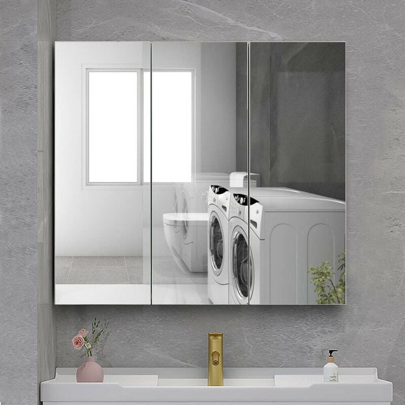 Clipop - Miroir Meuble Salle de Bain,Miroir Mural Armoire de Toilettes avec 3 Portes Miroir et 3 Niveaux Étagères à Hauteur Réglable,70x16x63cm