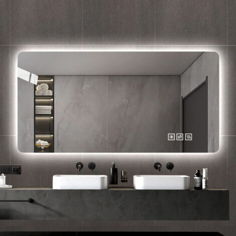 Miroir mural 60x120 cm, avec éclairage LED et fonction antibuée, en verre et métal, argenté
