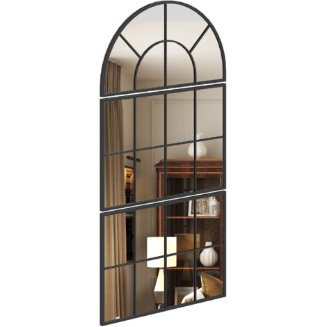 Miroir mural arqué forme fenêtre ensemble 3 pièces cadre métal 76x43 cm noir