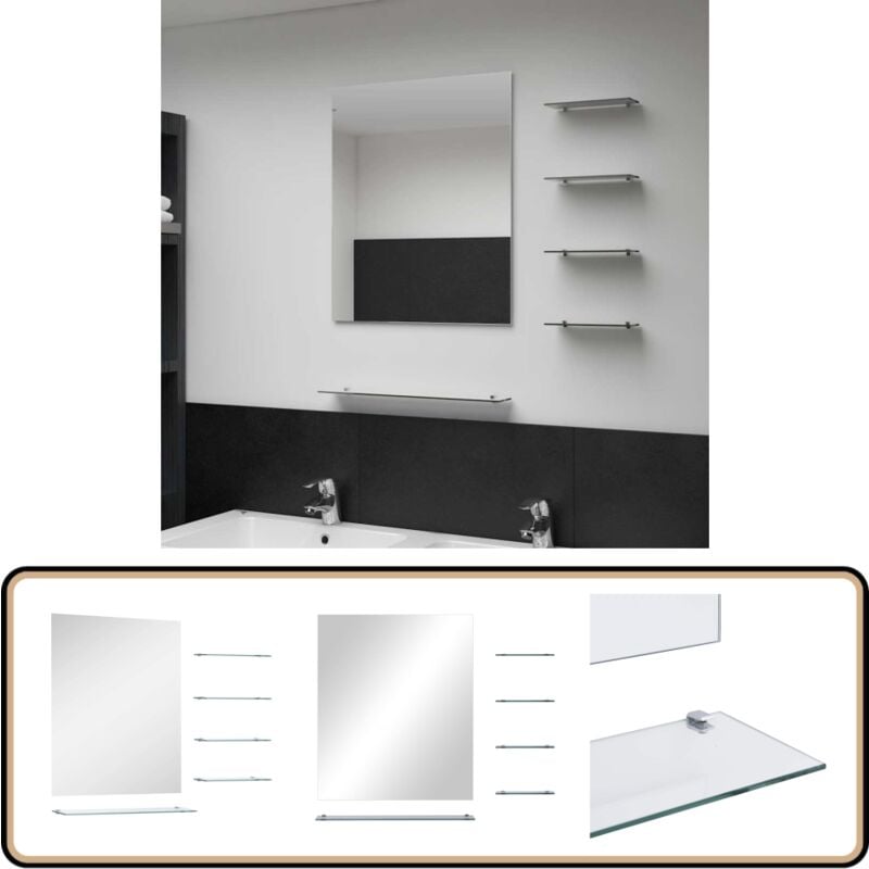 Miroir mural avec 5 étagères Argenté 50 x 60 cm - Miroir Mural - Miroir Avec Étagères - Miroir Deco - Miroir Salle De Bain - Miroir Argenté