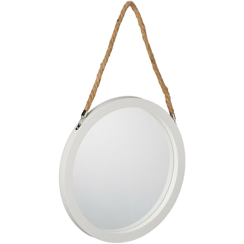 Relaxdays - Miroir mural avec corde, à suspendre, diamètre de 35 cm, pour couloir, salle de bain ou salon, blanc - nature