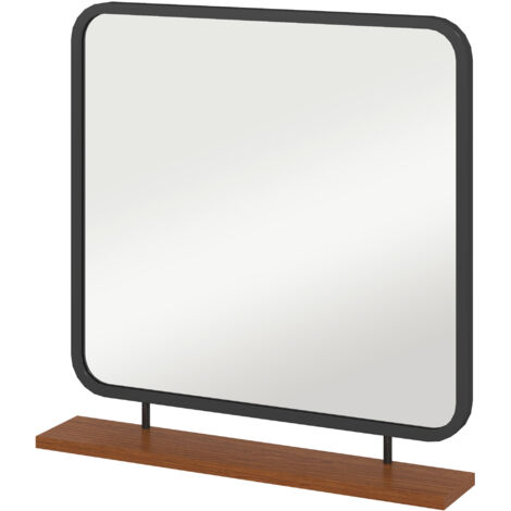Miroir mural avec étagère, style vintage, cadre en métal, bois de paulownia, 55 x 55,5 cm, noir/bois