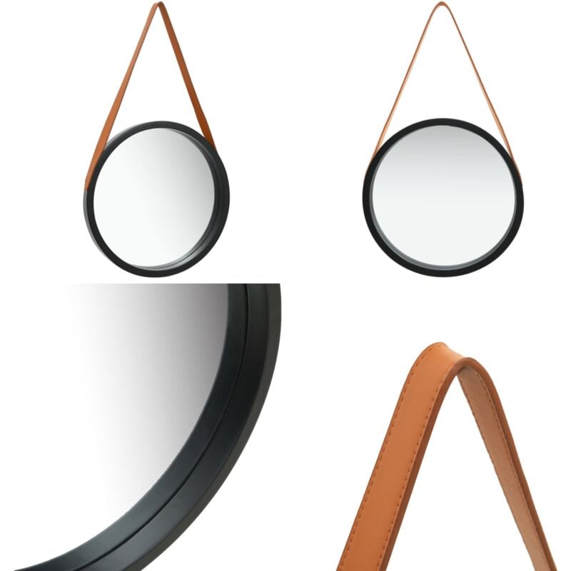 Vidaxl - Miroir mural avec sangle 40 cm Noir - Miroir Mural - Miroir Rond - Miroir Décoratif - Miroir Vintage - Miroir Suspendue - Home & Living