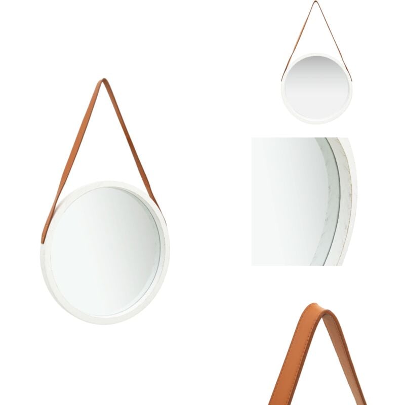 Miroir mural avec sangle 50 cm Blanc - Miroir Mural - Miroir Rond - Miroir Décoratif - Miroir Vintage - Miroir Suspendue
