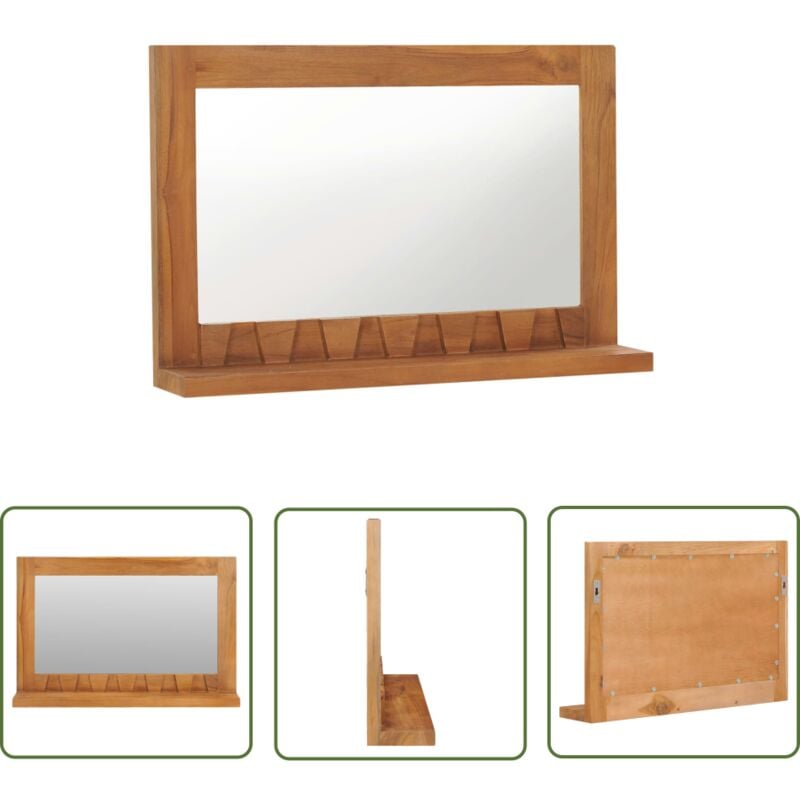 The Living Store Miroir mural avec étagère 60x12x40 cm Bois de teck massif - Miroir Mural - Miroir Avec Étagère - Miroir Salle De Bain - Décor Salle