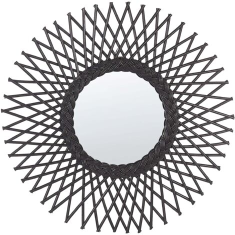 Miroir Mural Boho Noir Cadre Rotin Forme de Soleil Ajouré Rond 60 cm Tagolu