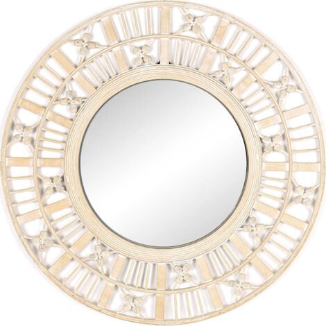 Miroir mural bois blanc décapé style bohème avec motifs sculptés - blanc décapé bois naturel