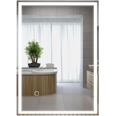 Miroir mural de salle de bain avec éclairage LED et interrupteur tactile sensible, design minimaliste couleur blanche.