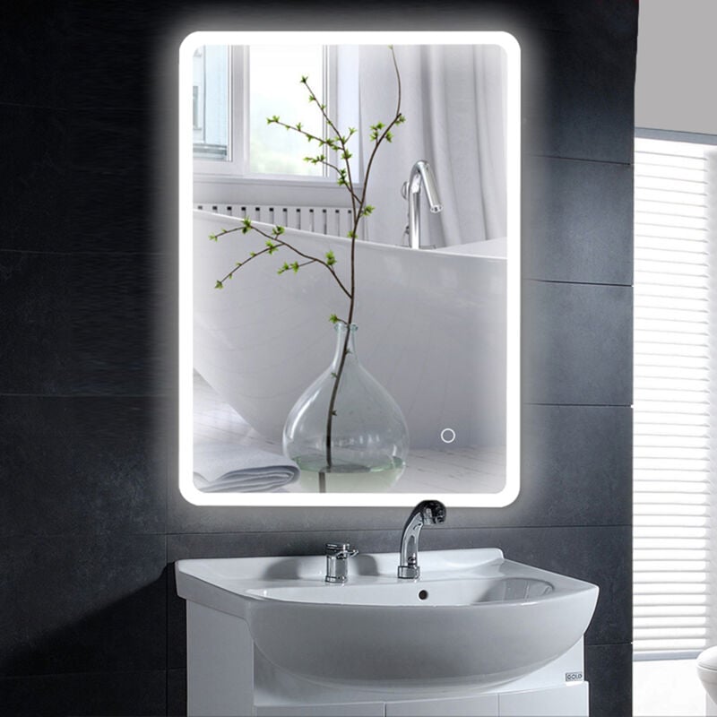 Miroir mural de salle de bain, interrupteur tactile, coins arrondis LCD, blanc froid 6400 K - 70120cm