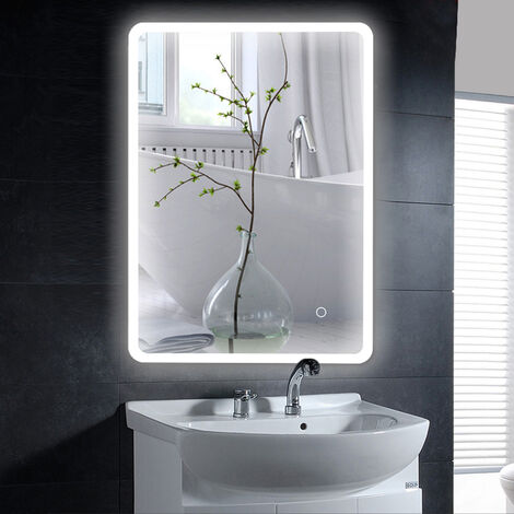 Miroir mural de salle de bain, interrupteur tactile, coins arrondis LCD, blanc froid 6400 K