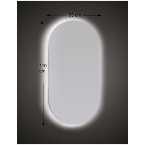 Miroir mural découpé 63x110 cm épaisseur 4 mm avec éclairage LED et cadre en ABS noir