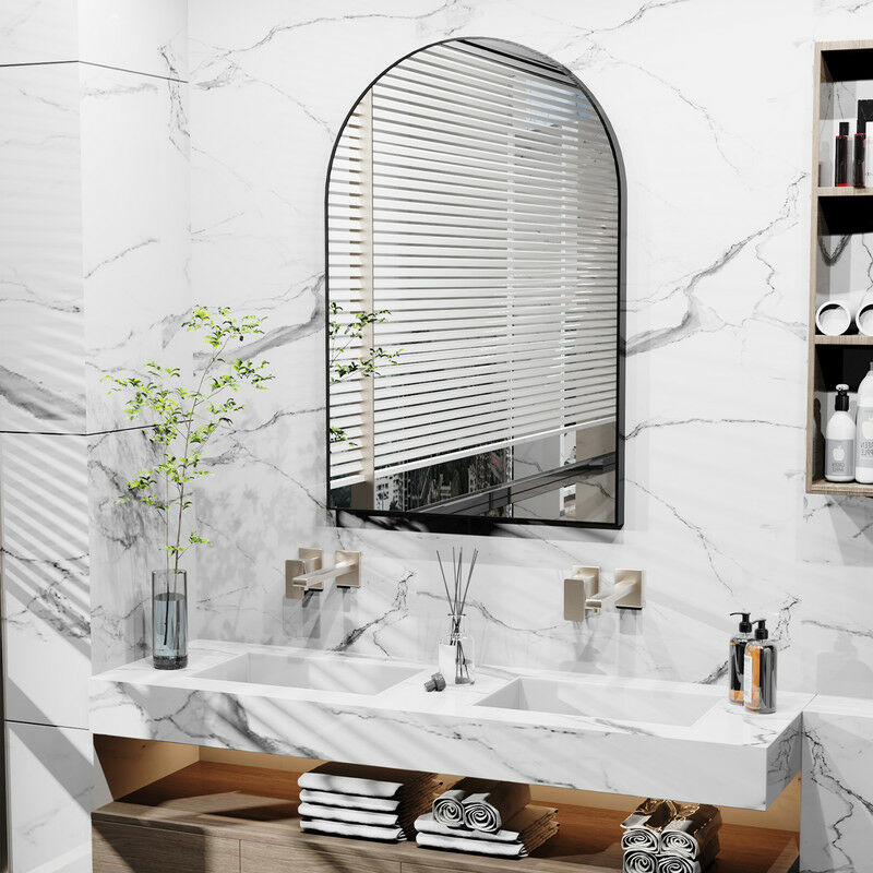 Miroir Mural Design - Miroir Entrée Maison Salle de Bain Noir Décoration Miroir Deco Salon Chambre Cadre Métal - Arqué 90x60x3cm