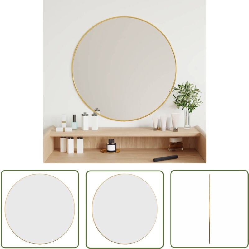 The Living Store Miroir mural Doré ø 60 cm Rond - Miroir Mural - Miroir Rond - Miroir Doré - Décoration Murale - Miroir Design