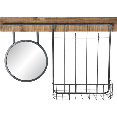 Miroir mural élégant avec rangement fonctionnel - Bois naturel avec détails métal noir