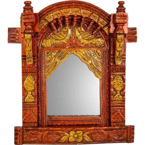 miroir mural en bois de manguier sculpté coloris antique - marron doré sculpté artisanal