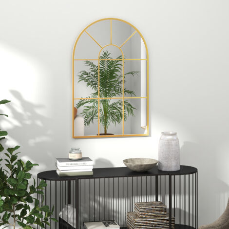 Miroir mural en métal cadre doré en forme de voûtée – 91 x 60 cm – décoration pour entrée .chambre à coucher. salon