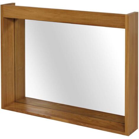 Miroir mural en teck HWC-M75, miroir de salle de bain, cadre en bois, teck de qualité B-Grade (bois de cœur, 20-30 ans),
