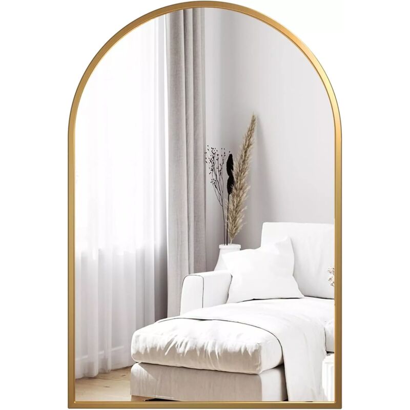 Miroir Mural incurvé 66x96 cm, Miroir Mural décoratif hd pour Salle de Bain, Luxueux à Cadre en Aluminium, Verre trempé, Doré