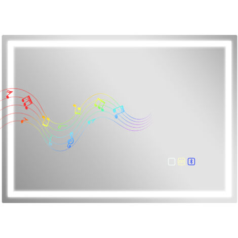 Miroir mural LED 70x50 cm avec Bluetooth, 3 couleurs, luminosité réglable, antibuée, tactile, mémoire, orientation flexible
