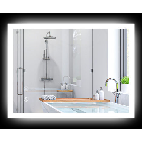 Miroir mural lumineux LED de salle de bain 70L x 50l cm 3 couleurs luminosité réglable interrupteur tactile transparent
