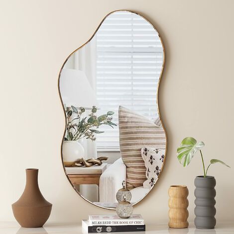 Miroir mural ondulé doré 90 x 55 cm – Installation facile avec crochets D préinstallés – Design moderne pour salon et chambre - 55cm-Mode