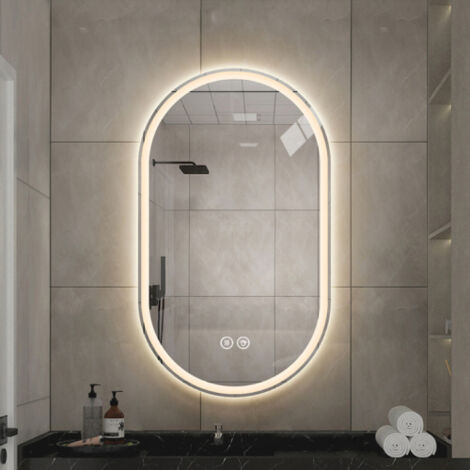 Miroir mural ovale 60x90 cm avec éclairage LED et fonction antibuée, en verre et métal, argent