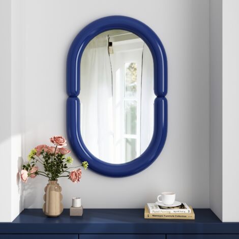 Miroir mural ovale avec cadre en bleu vibrant, style moderne coloré pour la décoration intérieure