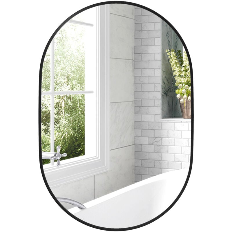 Miroir mural ovale dim. 60L x 90H cm cadre arrondi montage vertical/horizontal alu. noir