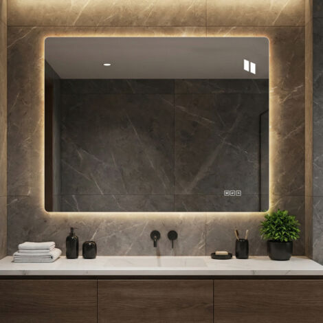 Miroir mural rectangulaire 70x90 cm, avec éclairage LED et anti-buée, en verre et métal, argenté