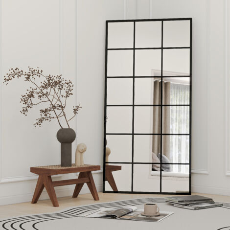 Miroir mural rectangulaire avec grille noire en métal, style industriel moderne pour la décoration intérieure