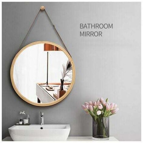 Miroir mural rond 45 cm décor bois miroir avec cadre en bois avec crochets pour salle de bain, chambre ou dressing