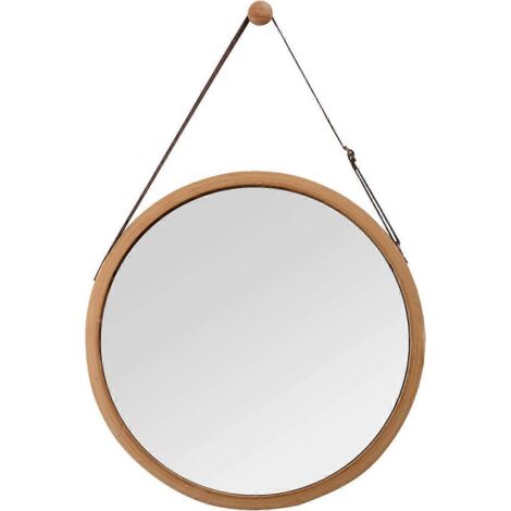 Miroir mural rond avec sangle en cuir ajustable, miroir de salle de bain, bambou, marron, 38 cm