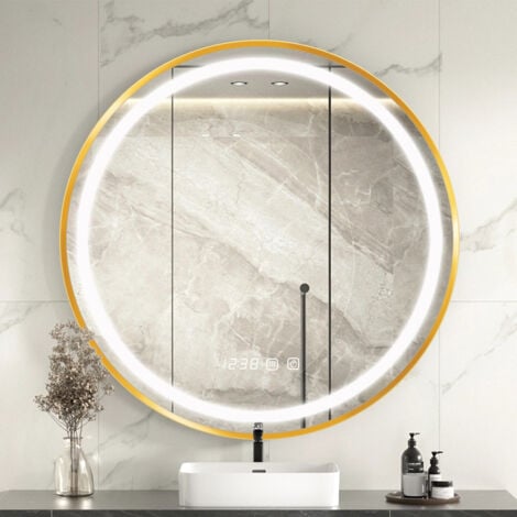 CHOYCLIT Miroir mural rond de salle de bain avec lumières LED,Miroir de courtoisie avec cadre de doré,60 cm
