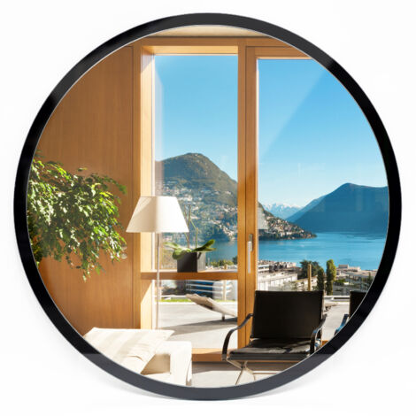 Miroir mural rond - Décoratif – sur un cadre noir - Pour le salon, la salle de bain, la chambre