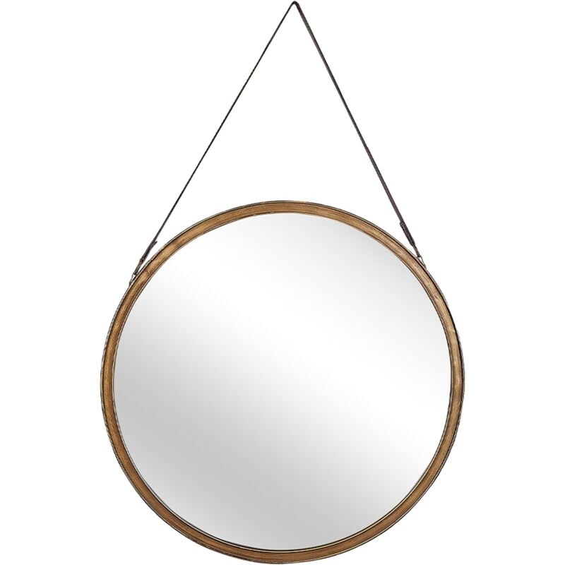 Beliani - Miroir Mural avec Cadre Rond et Doré 60 cm et Sangle Décoratif en Simili Cuir Marron au Style Rétro pour Salon Chambre ou Entrée