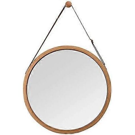 Miroir mural rond en bambou avec ceinture en cuir réglable, 38 cm, marron, 45 cm