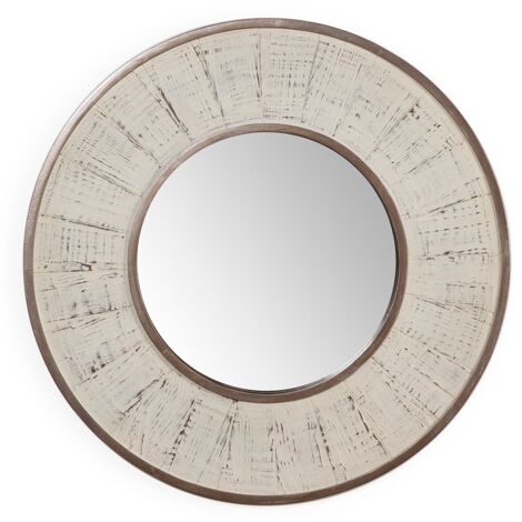 Miroir mural rond en bois blanc antique TANUZ – Ø 80cm